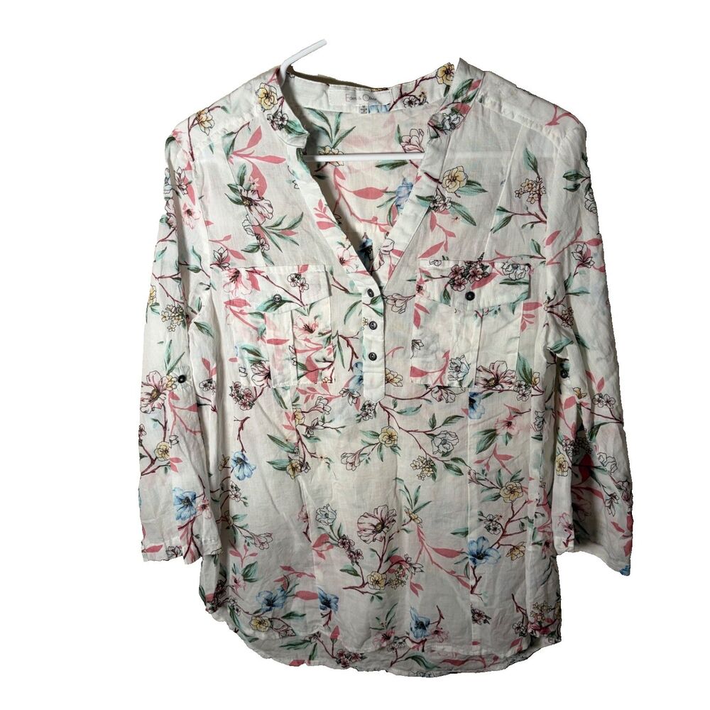 Eden & Olivia Blouse Women's Medium Floral V-Neck Popover 3/4 Sleeve Shirt